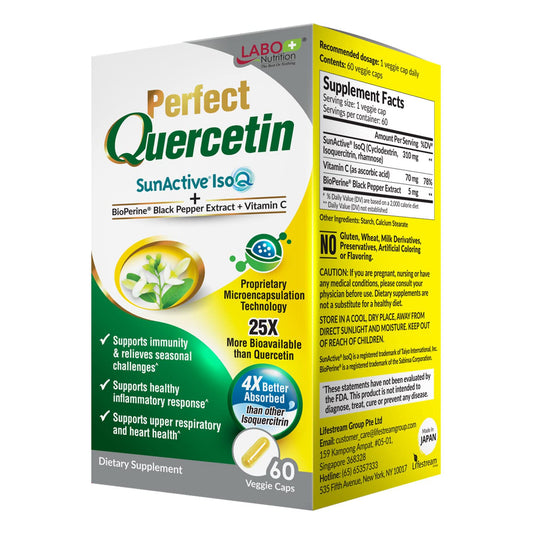 LABO Nutrition Perfect Quercetin bottle close-up highlighting SunActive IsoQ bioavailability