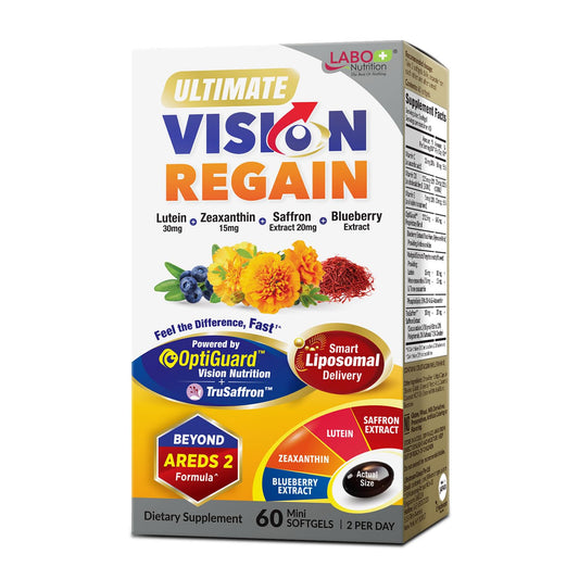 LABO Nutrition VisionREGAIN softgel bottle being poured for easy daily use.