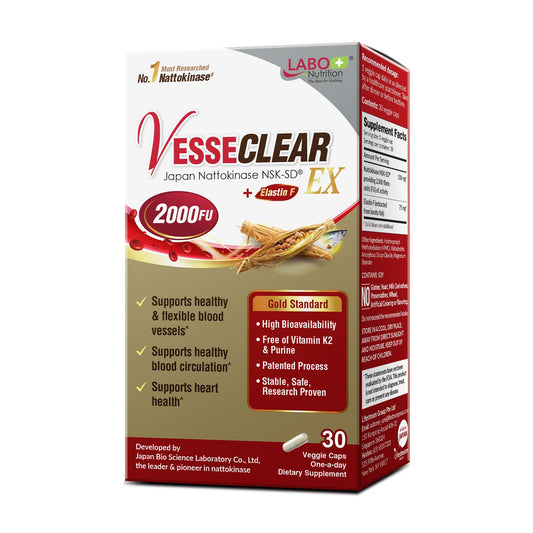 LABO Nutrition VesseCLEAR EX bottle with capsules promoting circulation support.