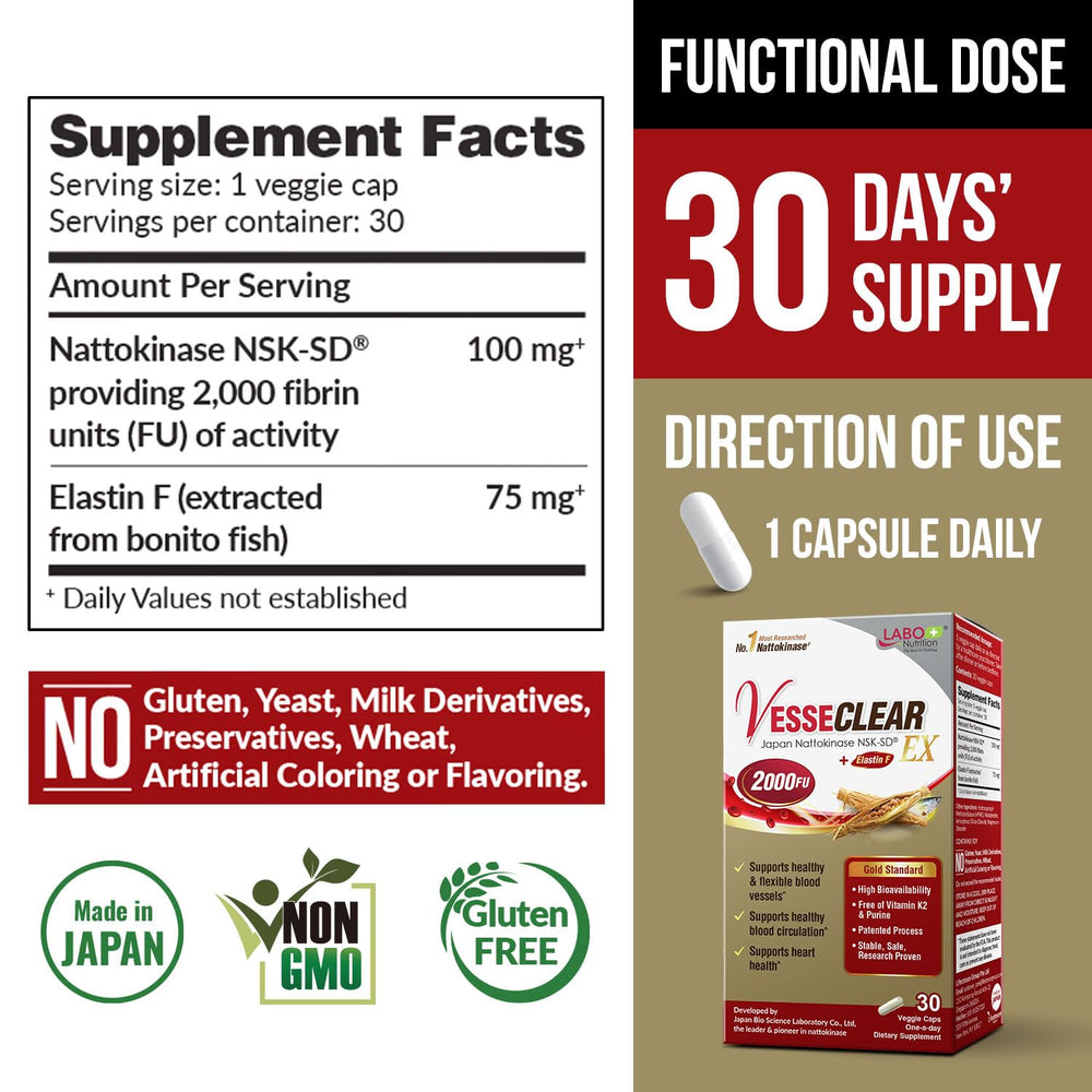 Close-up of capsules showing NSK-SD nattokinase and Elastin F ingredients.