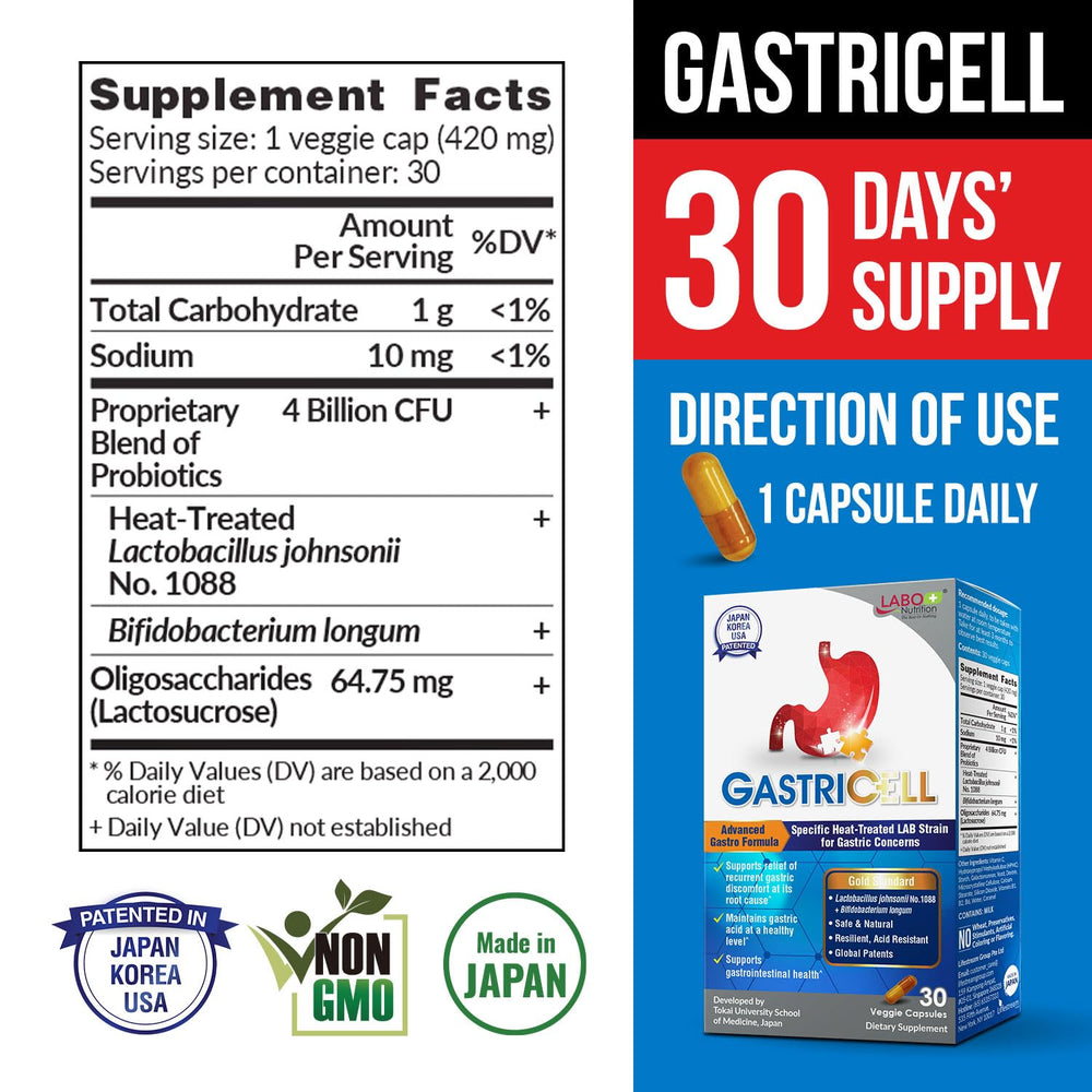LABO Nutrition GASTRICELL capsule close-up shows heat-treated 1088 strain for resilient stomach support.