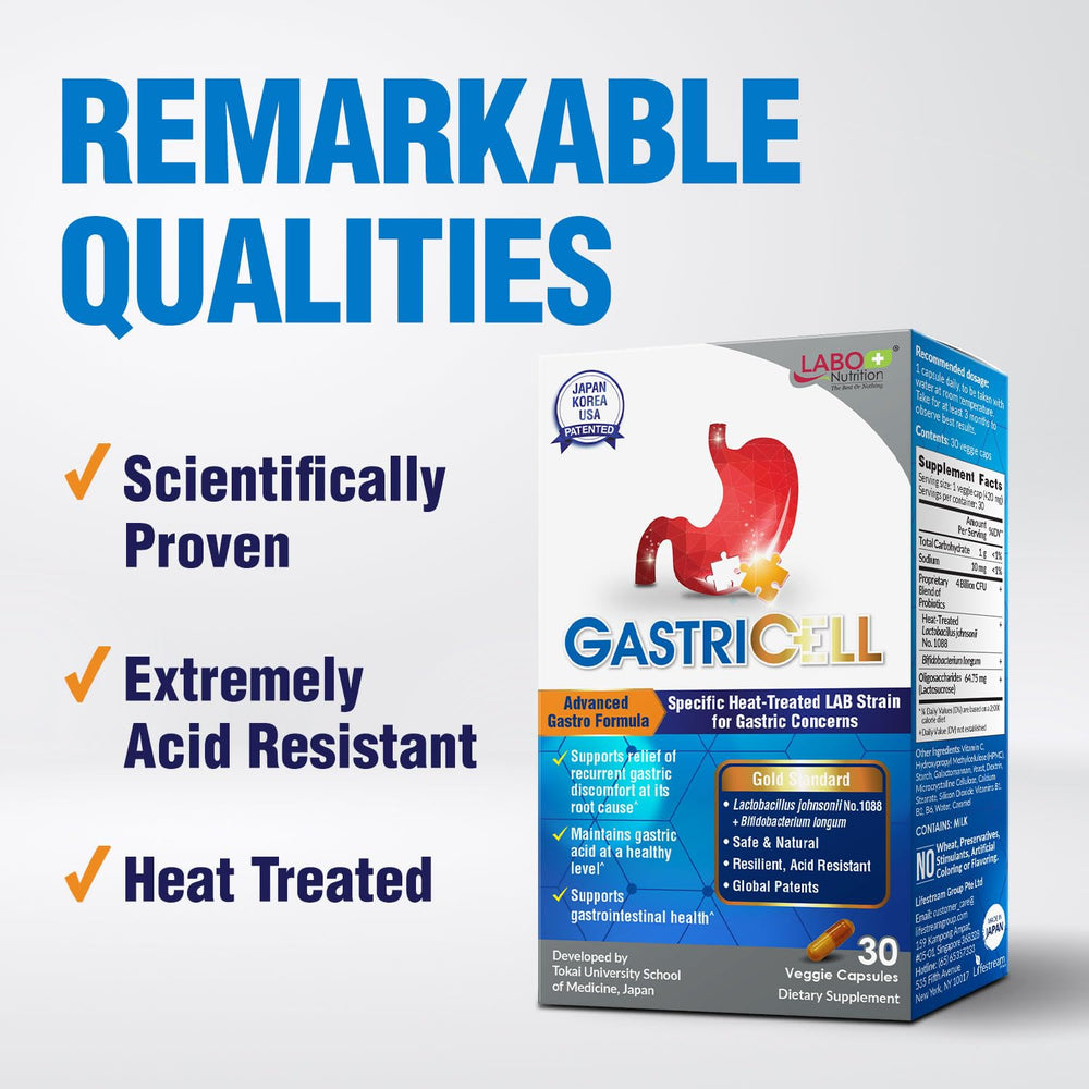 LABO Nutrition GASTRICELL ingredient photo highlights Bifidobacterium longum alongside prebiotics.