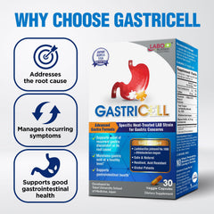 LABO Nutrition GASTRICELL label detail underscores patent-backed strain and safety commitment.