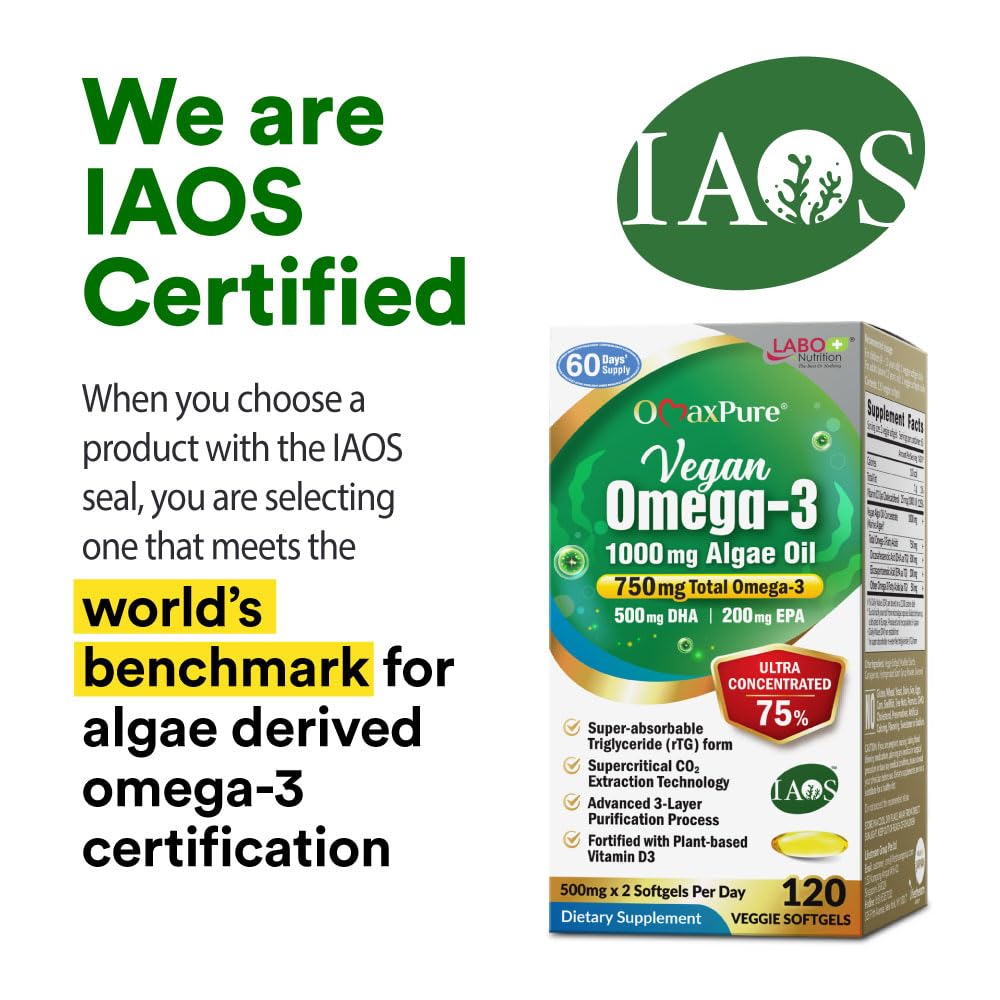 LABO Nutrition IAOS-certified algae oil label, emphasizing purity and traceability