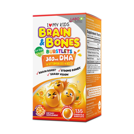 LABO Nutrition My Kids Brain & Bones Burstlet bottle showing easy daily omega-3 serving.