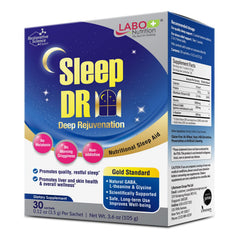 LABO Nutrition Sleep DR bottle on a nightstand supports a calm pre-sleep routine.