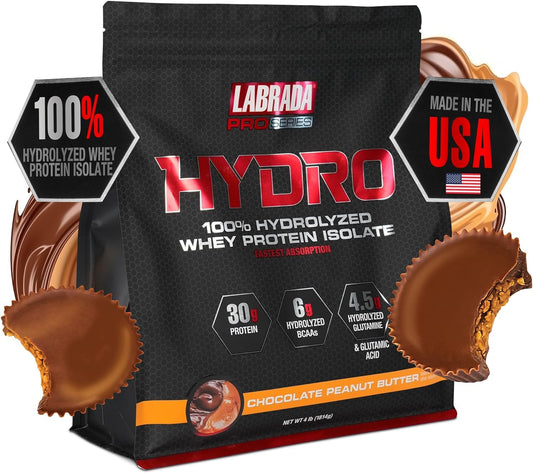 Labrada Hydro 100 bottle-pour shows fast post-workout protein delivery.
