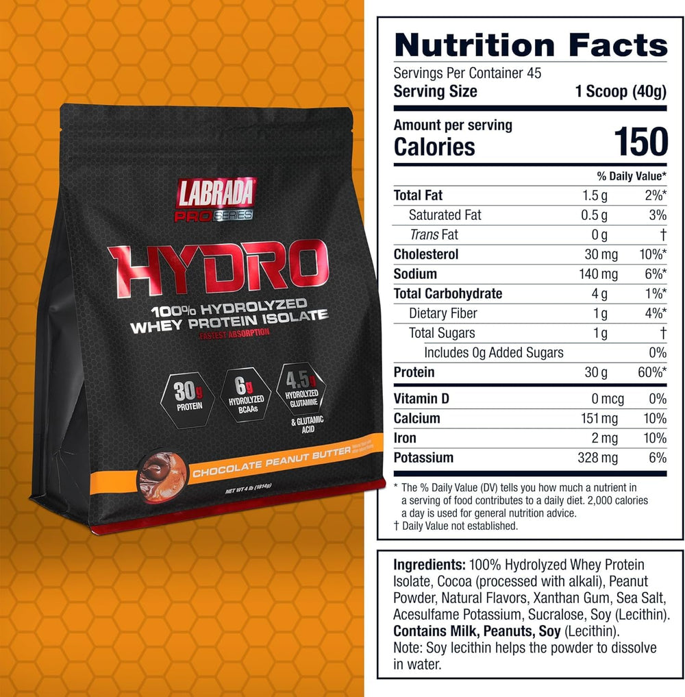 Labrada Hydro 100 powder-closeup highlights hydrolyzed whey for clean recovery.