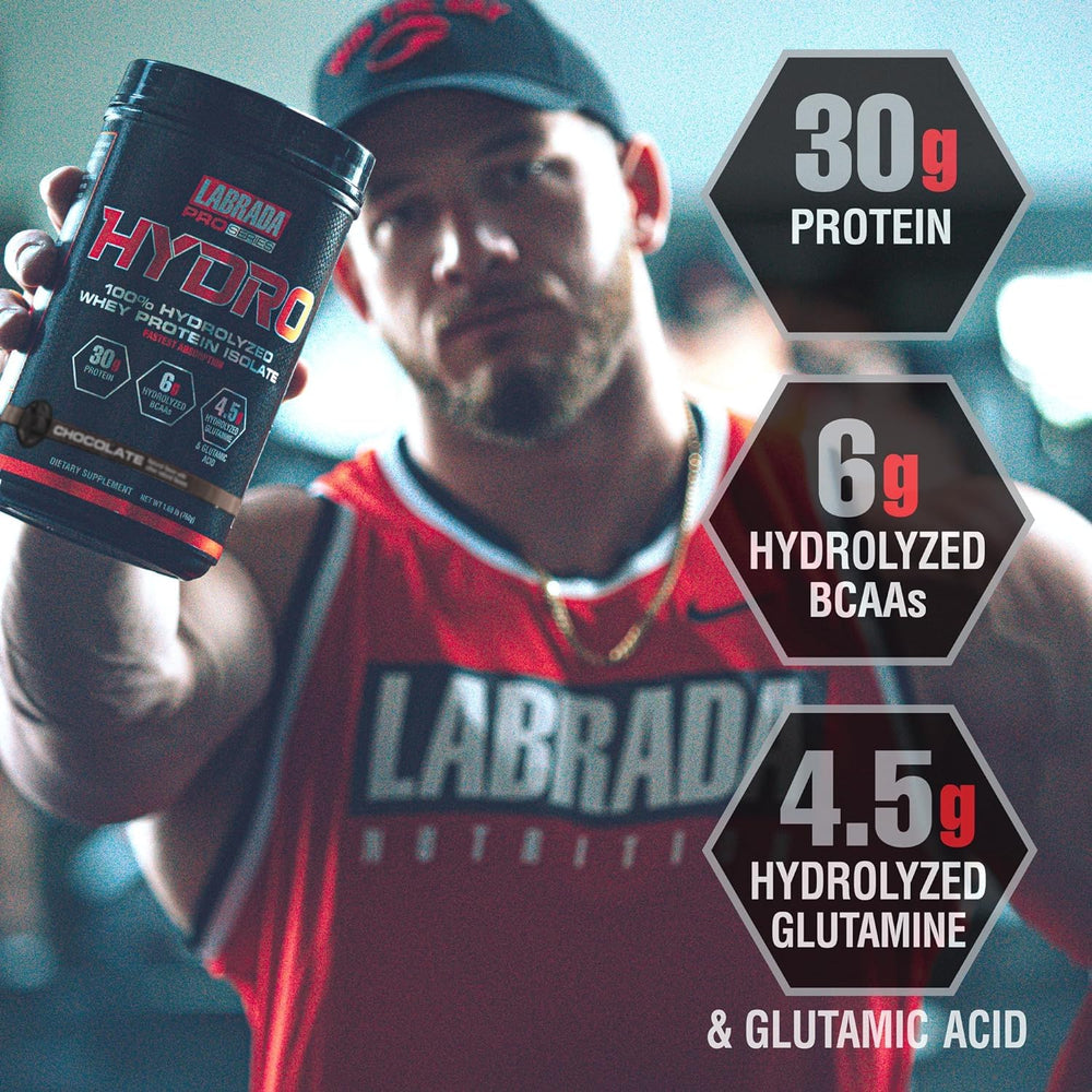 Labrada Hydro 100 ingredients panel with hydrolyzed whey and BCAAs