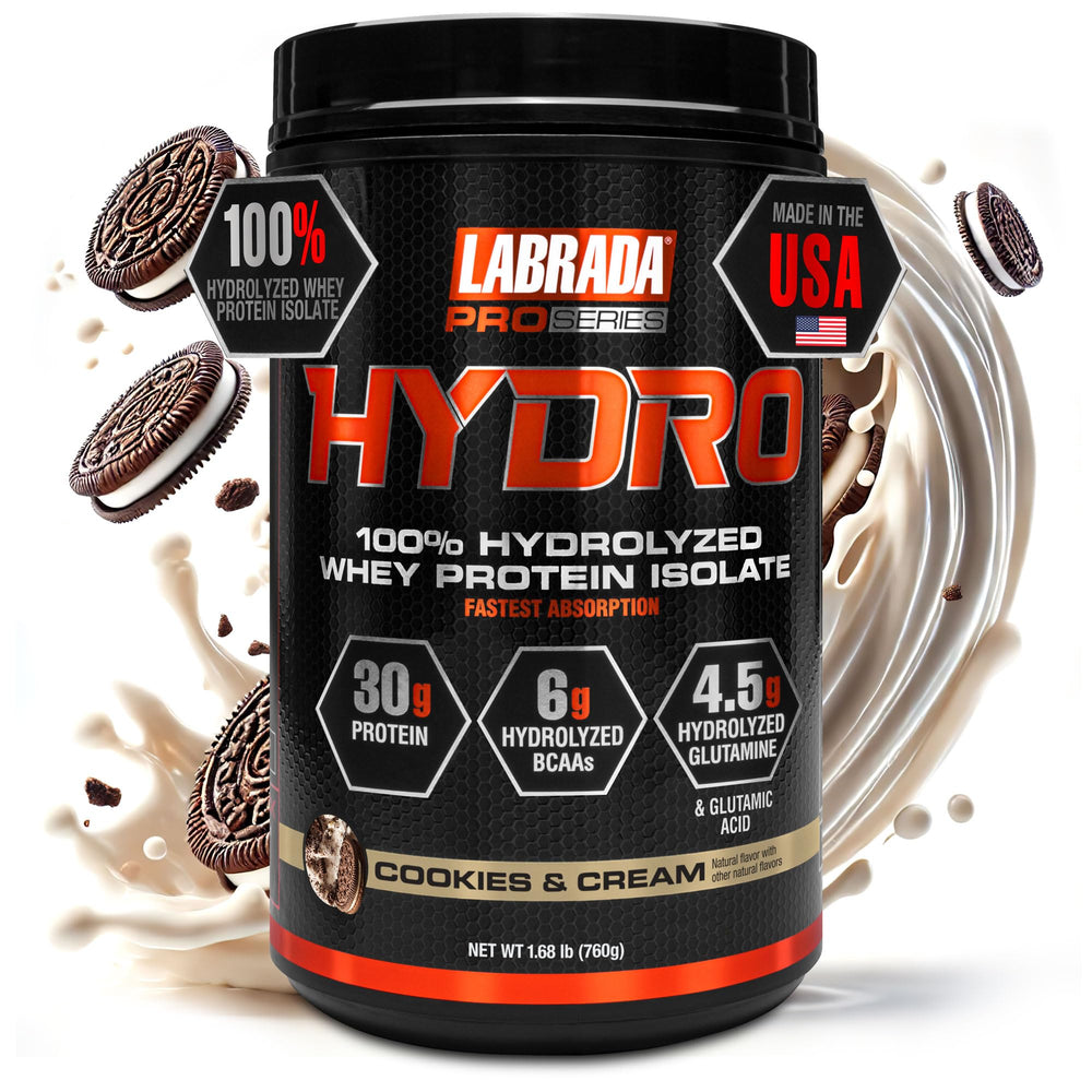Labrada Hydro bottle and scoop show convenient daily protein supplementation.