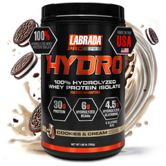 Labrada Hydro bottle and scoop show convenient daily protein supplementation.