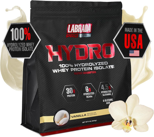 Labrada Hydro vanilla powder tub showing clean, fast-digesting protein fueling.