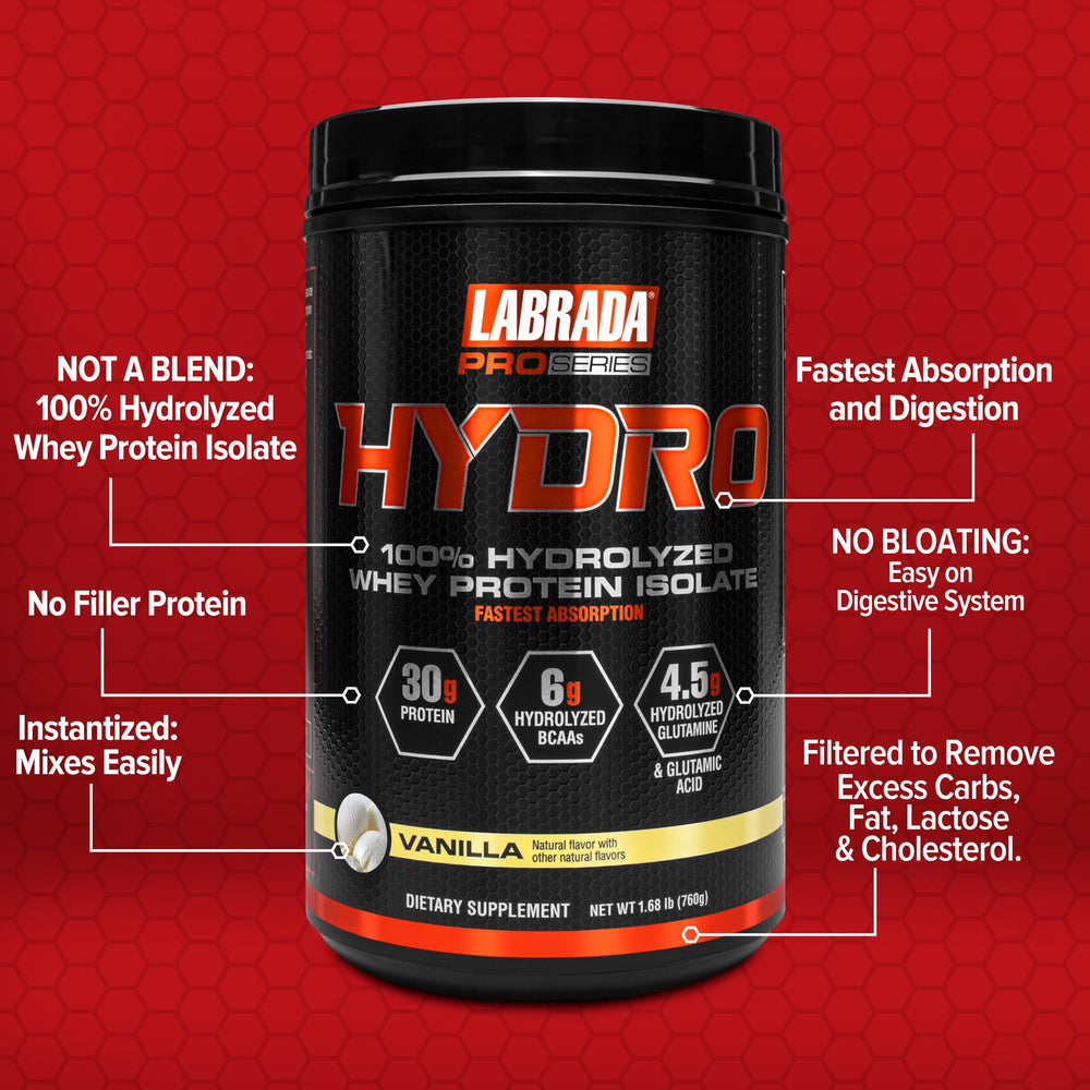 Labrada Hydro Vanilla scoop with glass illustrates convenient instant mixing.