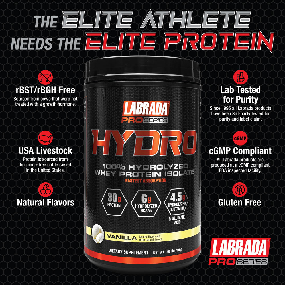 Labrada Hydro Vanilla shake ready demonstrates delicious flavor and quick mix.