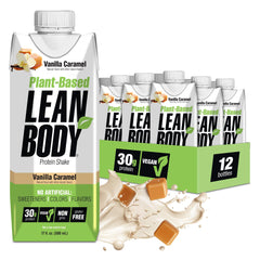 Labrada Lean Body plant-based vanilla caramel shake poured into a glass for post-workout refuel