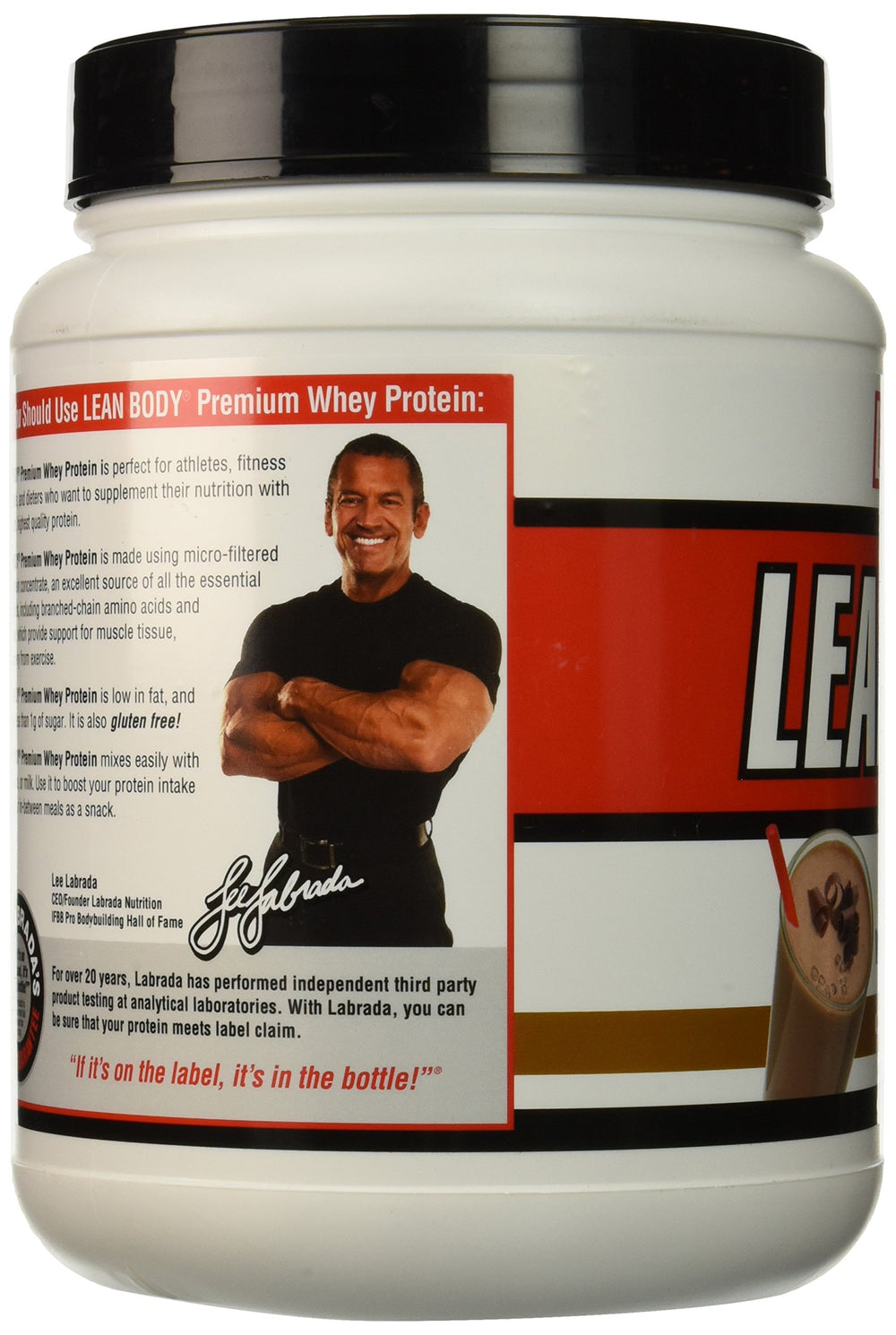 Labrada Lean Body Premium Whey Chocolate glass with poured shake showcases rich flavor.