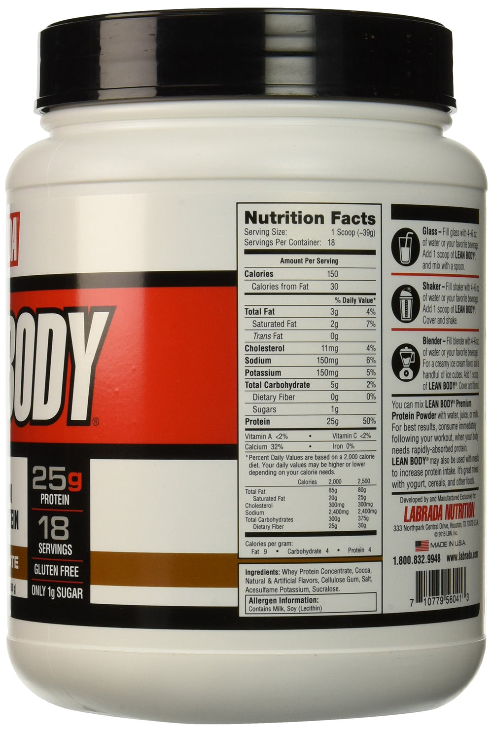Labrada Lean Body Premium Whey Chocolate serving scoop highlights convenient daily protein.