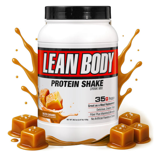 Labrada Lean Body salted caramel bag showing high-protein meal replacement