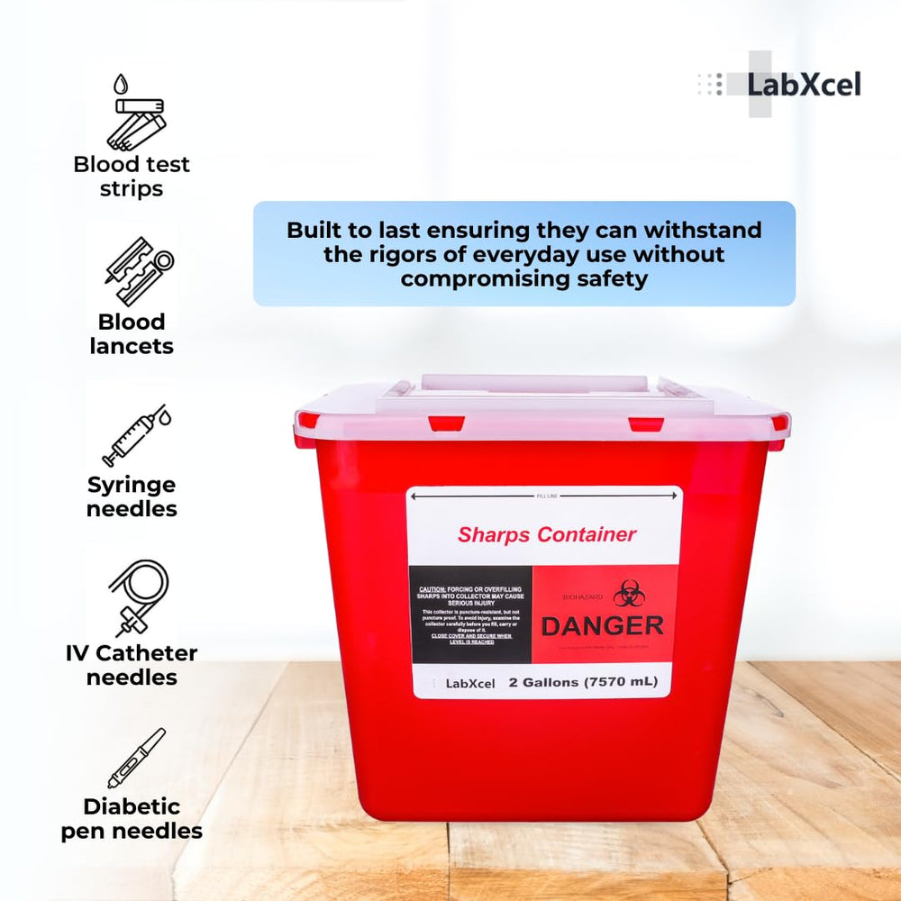 LabXcel Sharps Container used in clinic or home care settings.