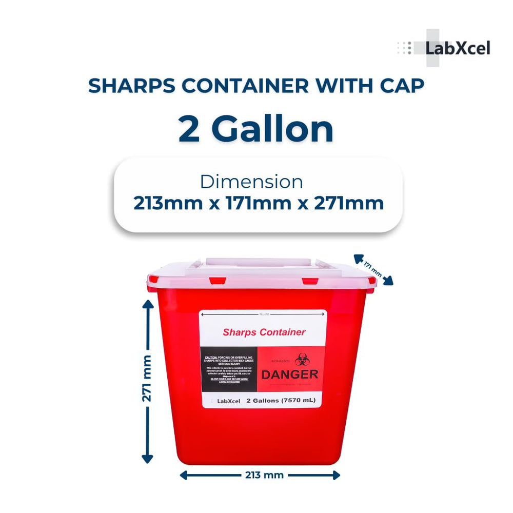 LabXcel Sharps Container 2-Gallon Pack side view for high-volume medical settings.