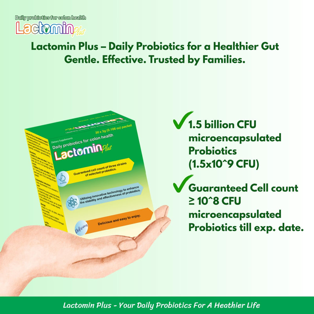 Lactomin Plus three-strain blend portrait highlighting digestive balance
