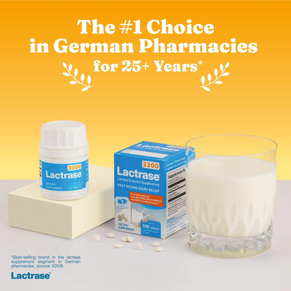 Lactrase lactase 3300 FCC tablets deliver high enzyme units for fast digestion.