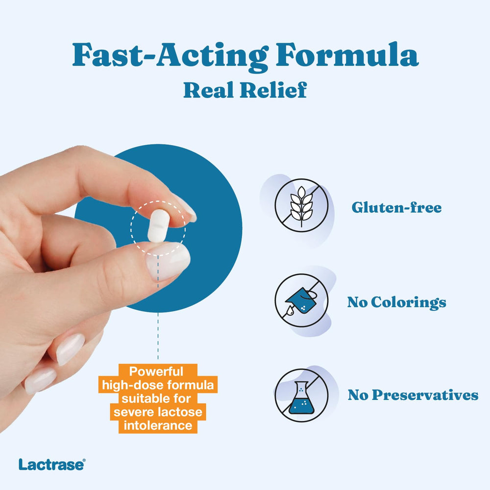 Lactrase split tablets; half-dose option for 9,000 FCC units per use.