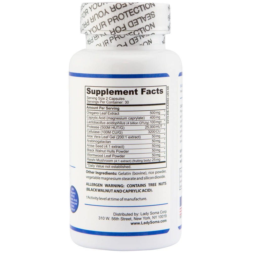 Closeup of Lady Soma Candida Complex label highlighting gentle formula