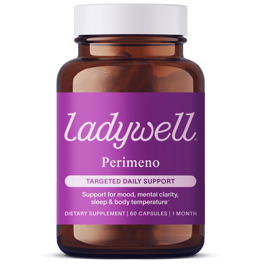 Ladywell Perimeno bottle closeup showing clear label and capsules