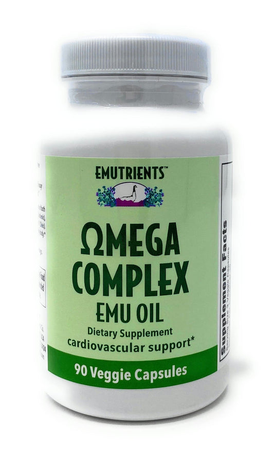 Laid In Montana EMUtrients Omega Complex bottle highlights balanced essential fatty acids.