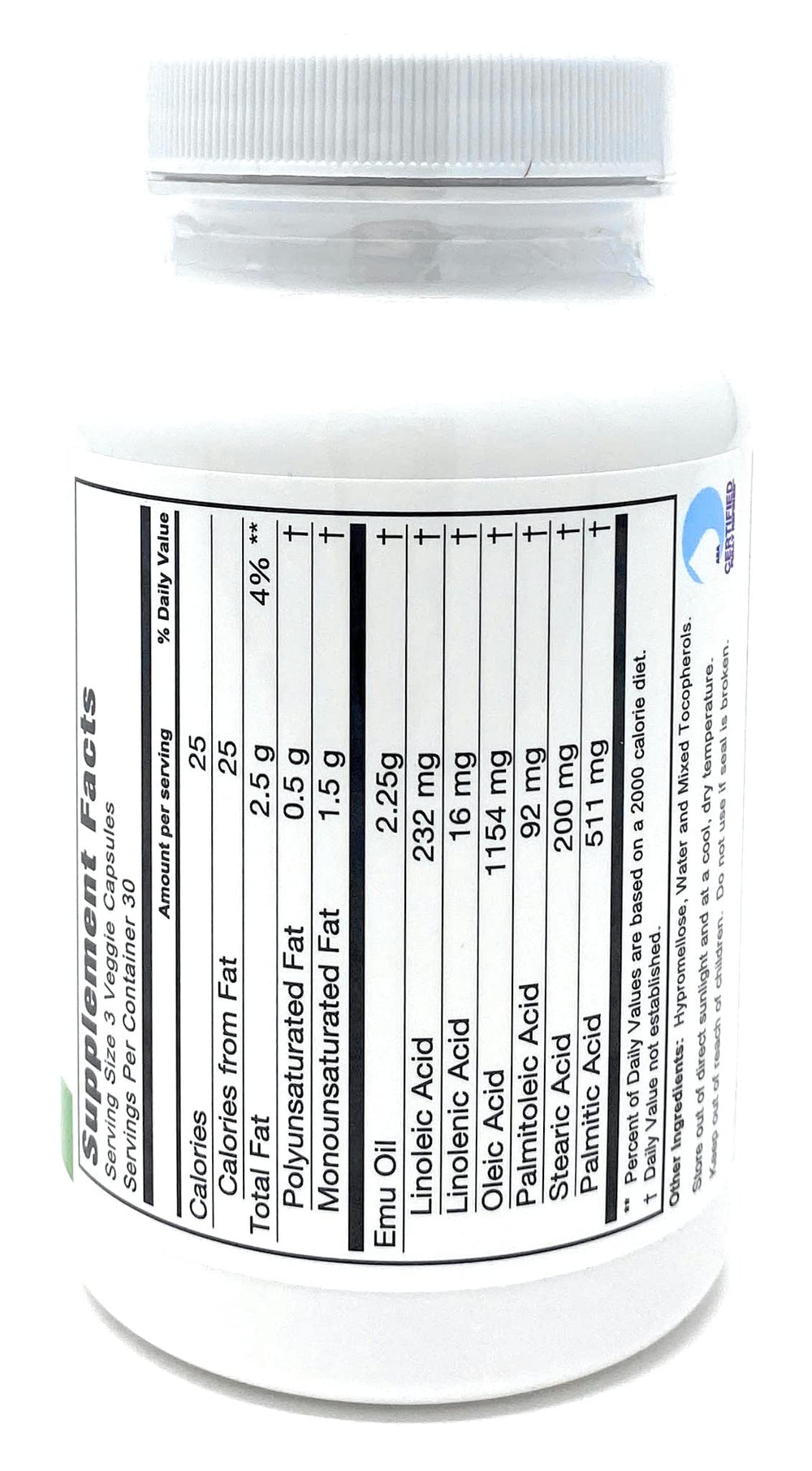 Laid In Montana EMUtrients Omega Complex label displaying omega 3, 6, 7, 9.