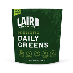 Laird Superfood Prebiotic Daily Greens powder bag front shows vegan, non-GMO nutrition for daily wellness