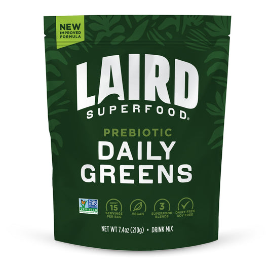 Laird Superfood Prebiotic Daily Greens powder bottle, showcasing nutritious blend for daily gut health.