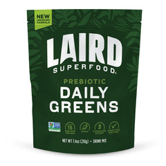 Laird Superfood Prebiotic Daily Greens powder bottle, showcasing nutritious blend for daily gut health.