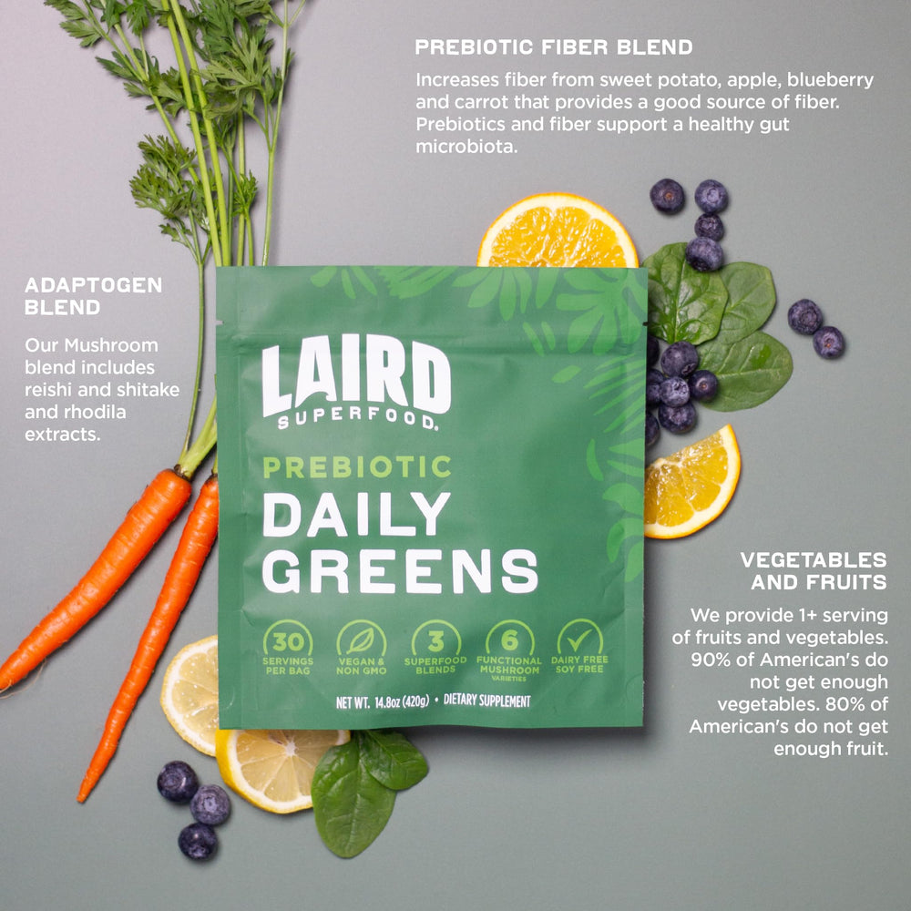 Laird Superfood Prebiotic Daily Greens being poured into glass for quick mix