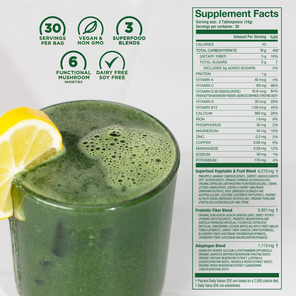 Laird Superfood Prebiotic Daily Greens scoop-in-bag demonstrates easy two-tablespoon serving