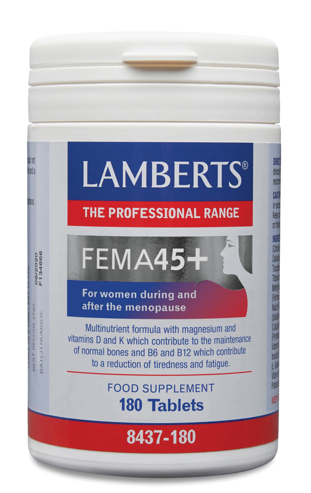 Lamberts FEMA45+ bottle close-up highlighting bone-support nutrients for menopause