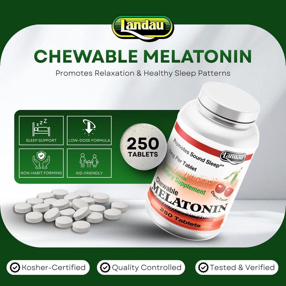Close-up of Landau melatonin tablets showing smooth texture and berry flavor.