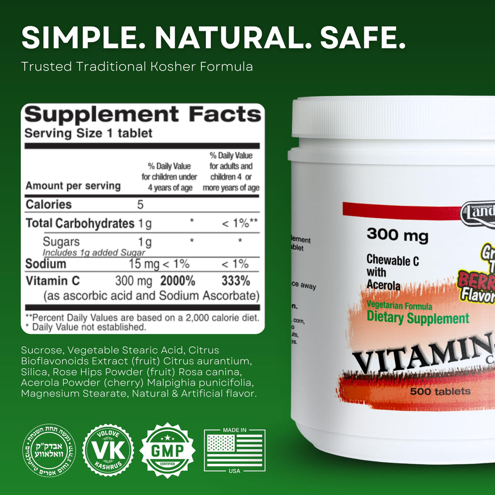 LANDAU vitamin C chewable berry Made in USA label close-up.