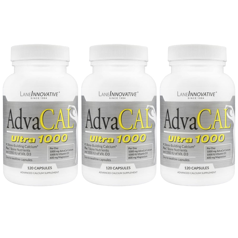 Lane Innovative AdvaCAL Ultra 1000 bottle shown with 360 servings for ongoing bone-health support
