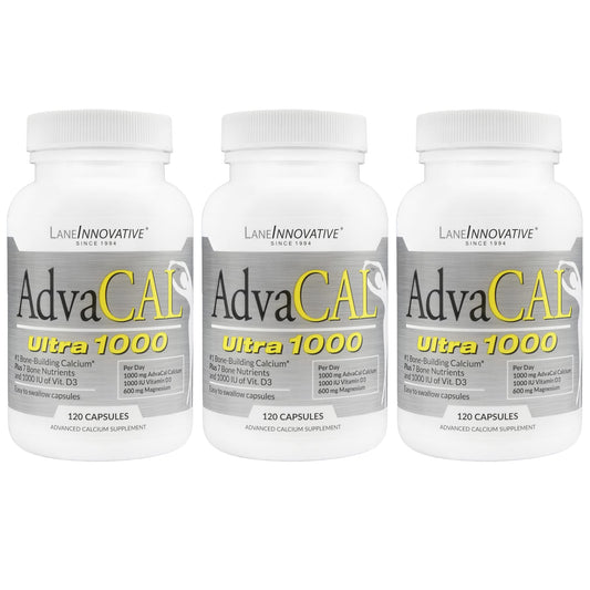 Lane Innovative AdvaCAL Ultra 1000 bottle shown with 360 servings for ongoing bone-health support
