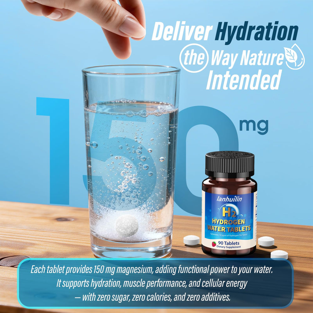 Lanhuilin hydrogen tablets dissolving in water for hydrogen-rich hydration.