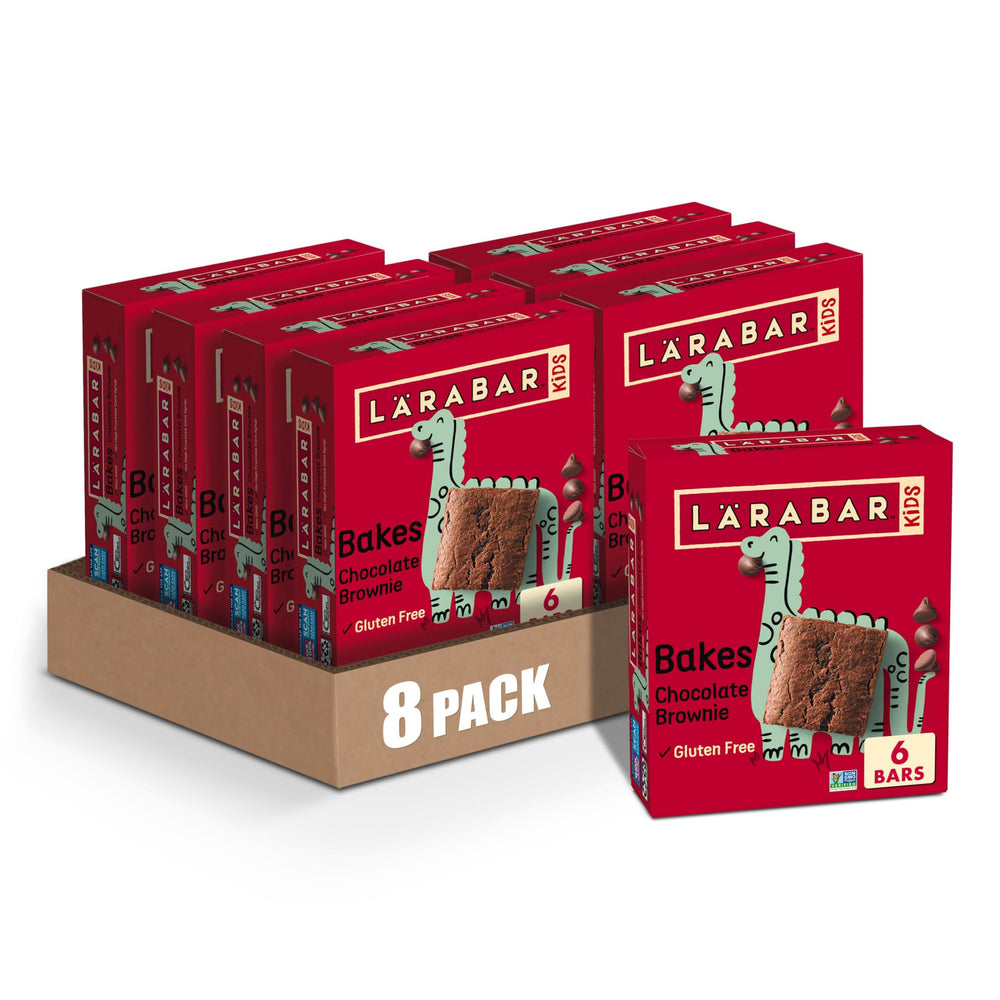 Larabar Kids Bakes Chocolate Brownie Bars box front, gluten-free snack option for kids.