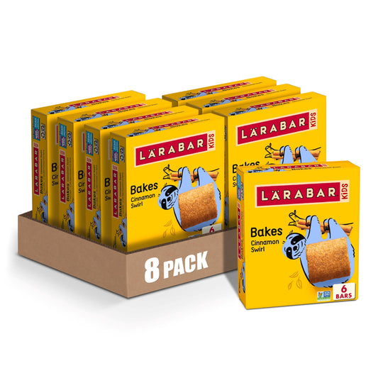 Larabar Kids Bakes Cinnamon Swirl pack front highlights gluten-free, kid-friendly snack bars.