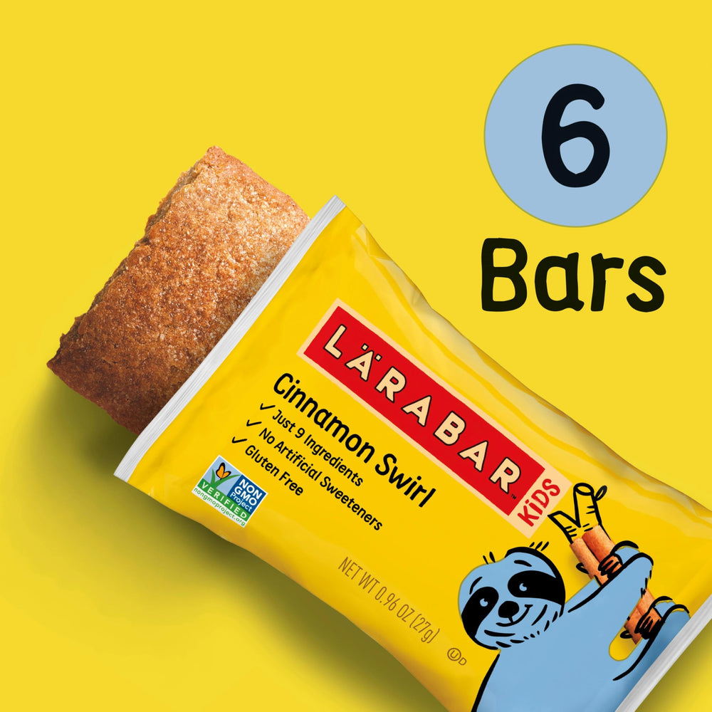 Larabar Kids Bakes Cinnamon Swirl packaging on countertop signals easy pantry stocking.
