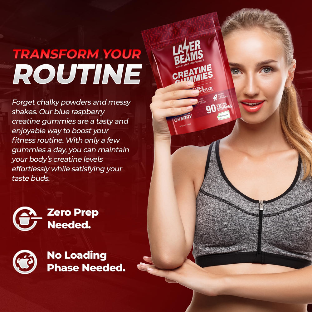 Laser Beams Creatine Gummies serving in hand demonstrates simple chewable daily dose.
