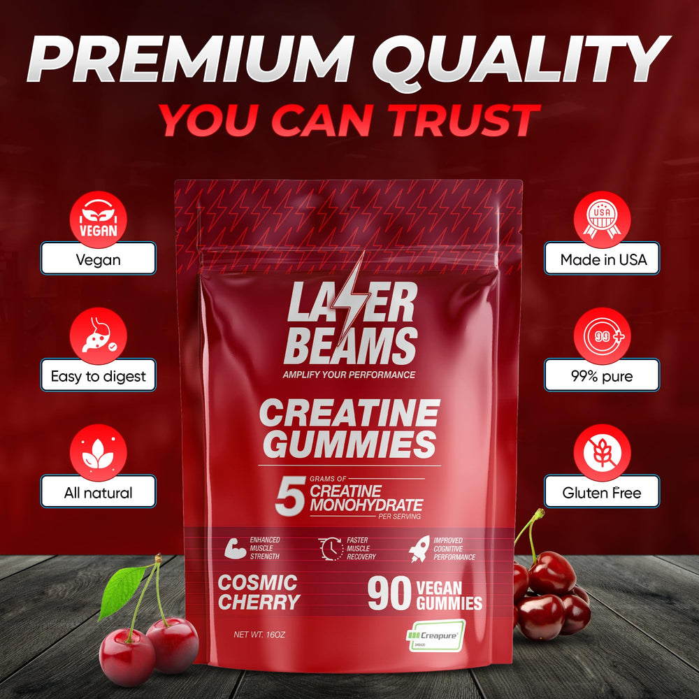 Laser Beams Creatine Gummies shelf display, vegan formula appeal.