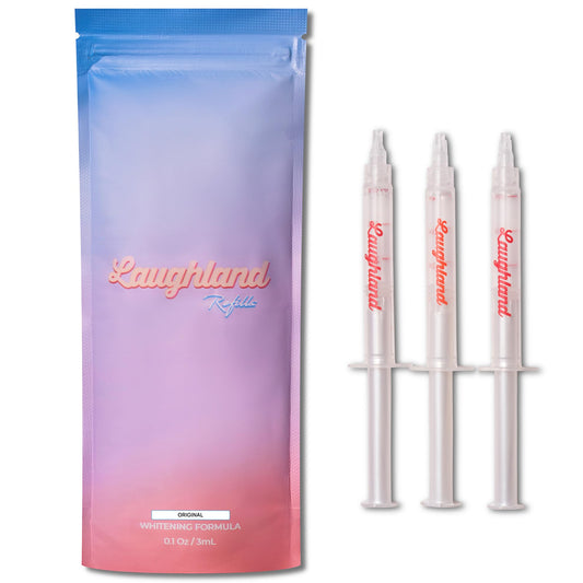 Laughland Original 3Pack tubes front for convenient at-home whitening touch-ups.