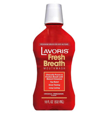 Lavoris Cinnamon Mouthwash packaging showing a 12-pack for convenient, long-lasting breath protection.