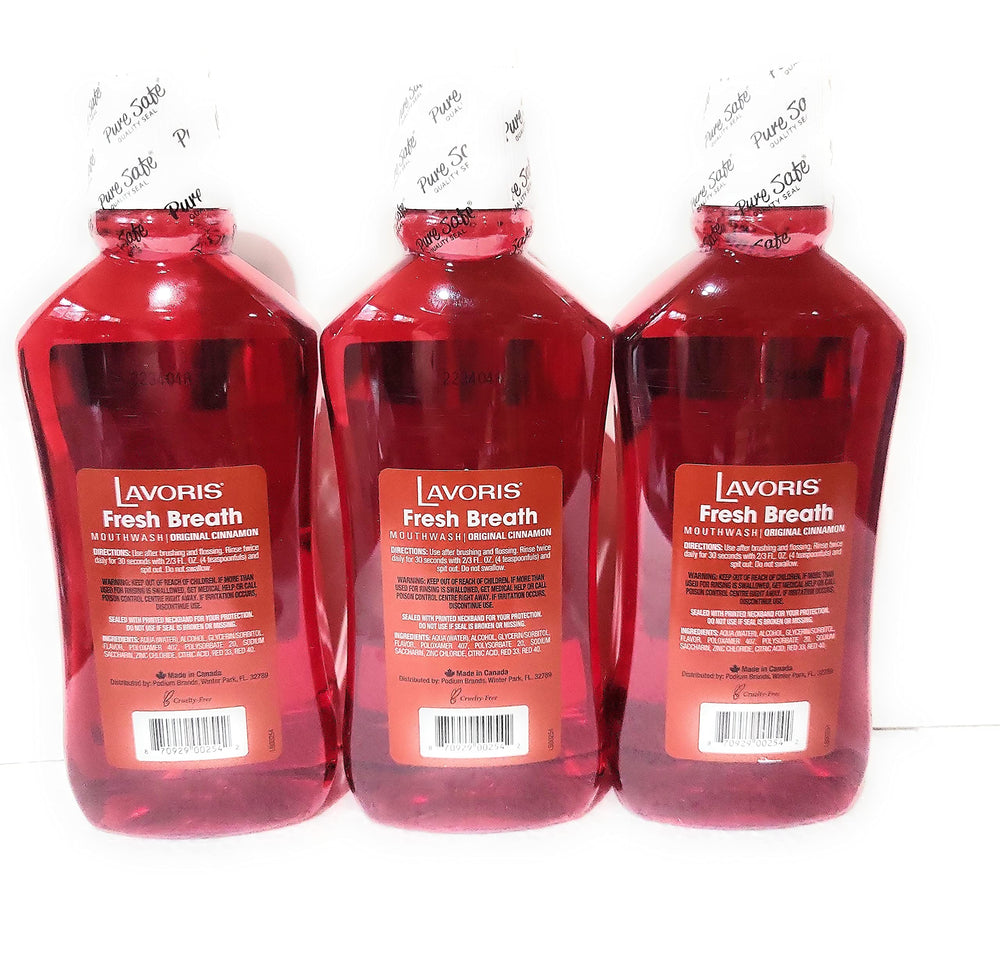 Lavoris Original Cinnamon mouthwash being poured, ideal after meals for quick fresh breath.